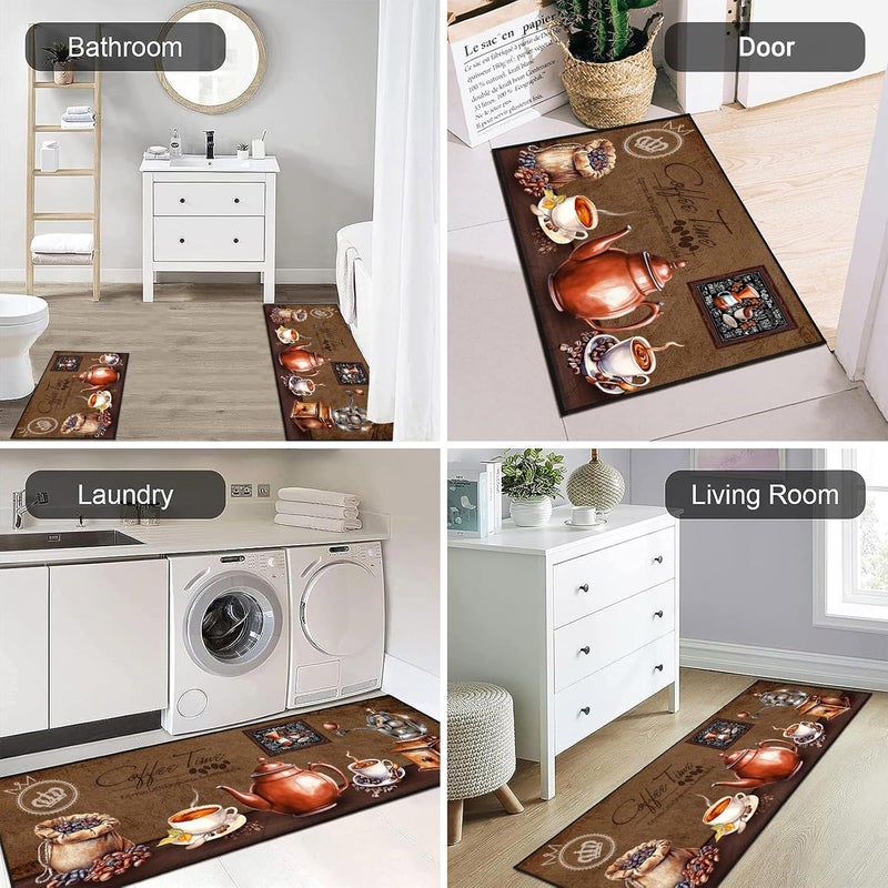 UYDOXCU Brown Coffee Kitchen Rug 2 Piece Set, Vintage Farmhouse Decor Kitchen Floor Mat, Non-Slip Absorbent and Washable Home Decoration Carpet 17 * 30+17 * 47 Inches - Image 5